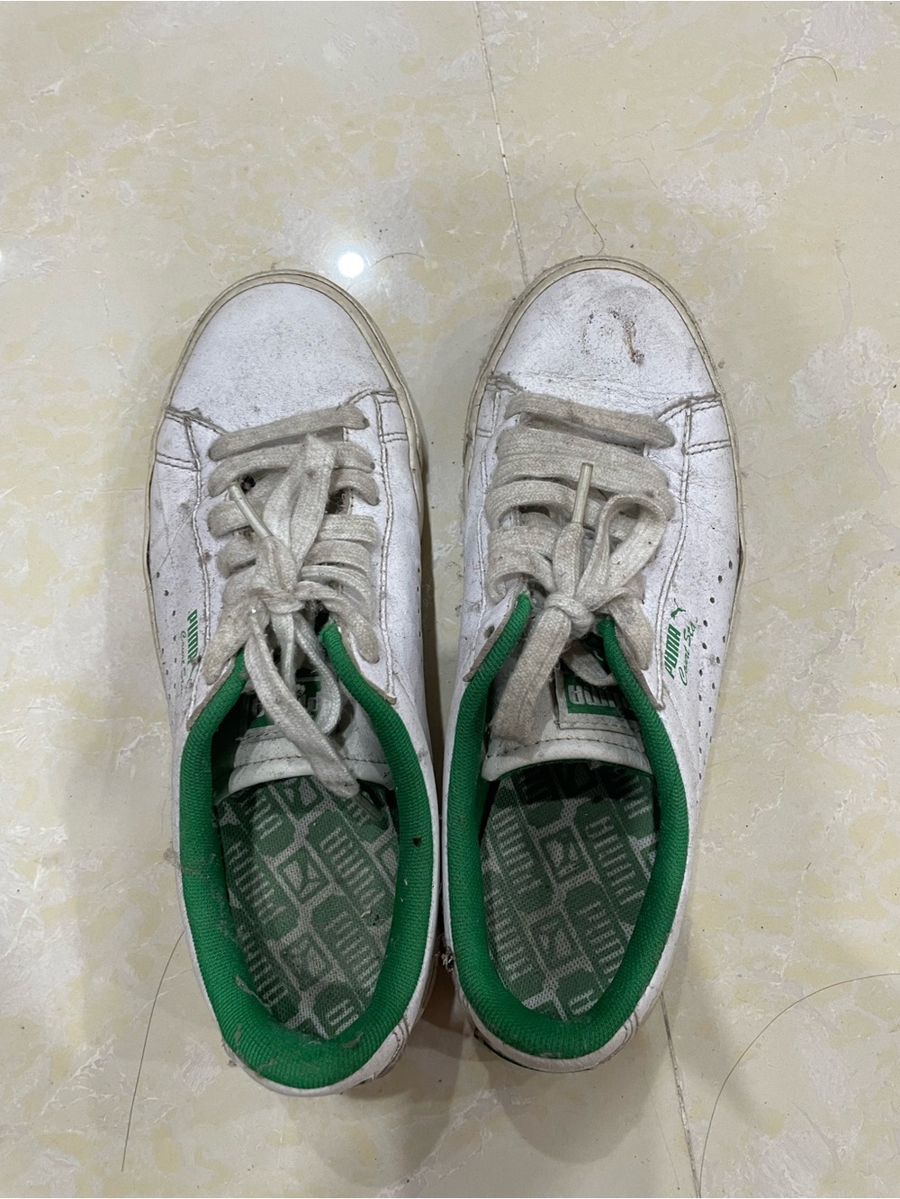 Puma Kids White Sneakers with Green Collar